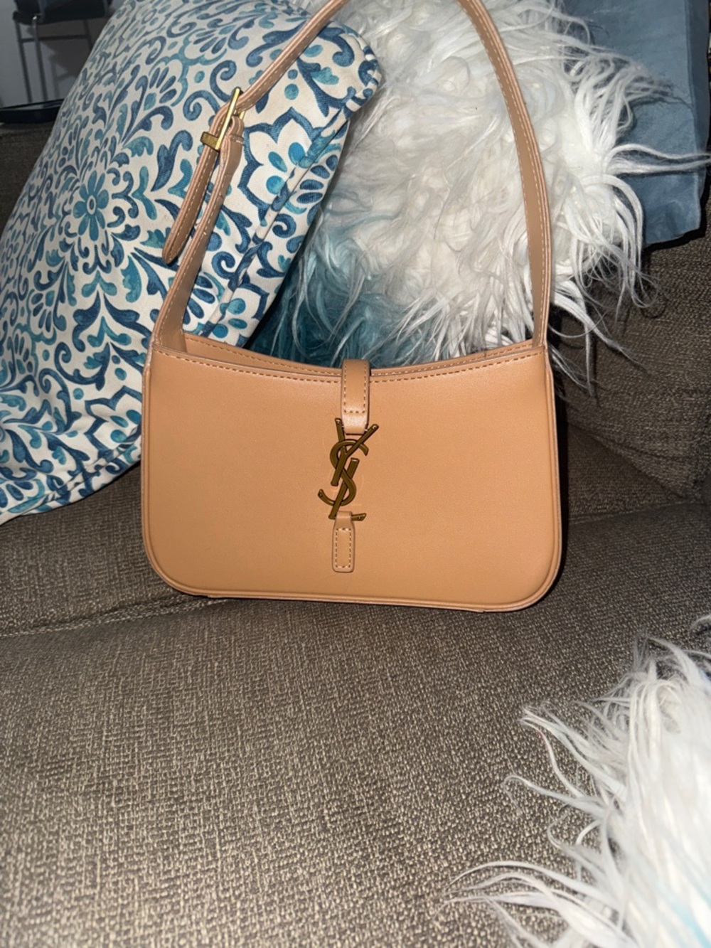 Beige Leather Shoulder Bag with Gold YSL Logo